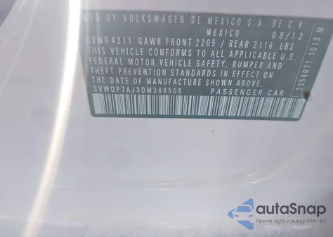 2013 Volkswagen Jetta Se z USA, uszkodzony, nr VIN 3VWDP7AJ3DM368508